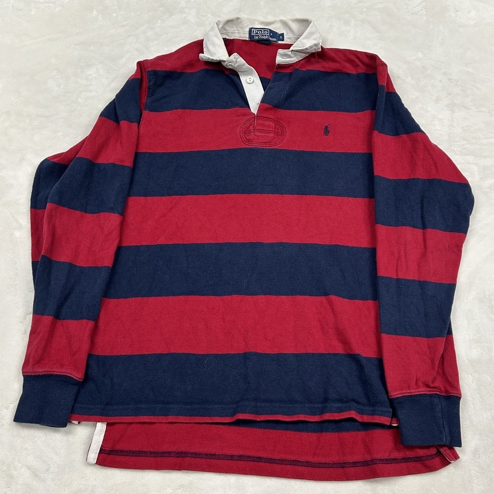 Polo Ralph Lauren Rugby Shirt Mens S Red Navy Blue Striped Long Sleeve Cotton